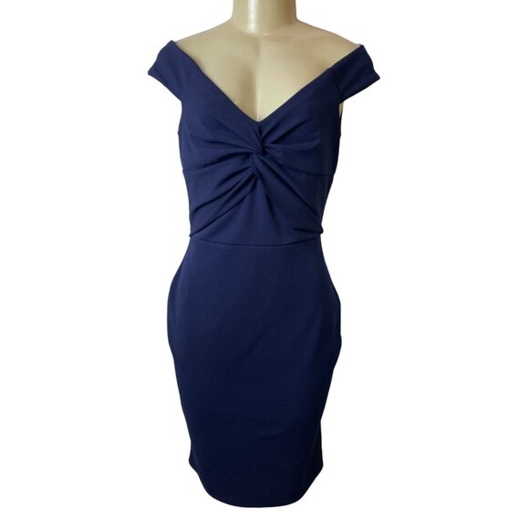 Quiz Navy Blue Off-Shoulder Twist Knot Women's Knee Length Bodycon Dress Sz 14 - Picture 2 of 9